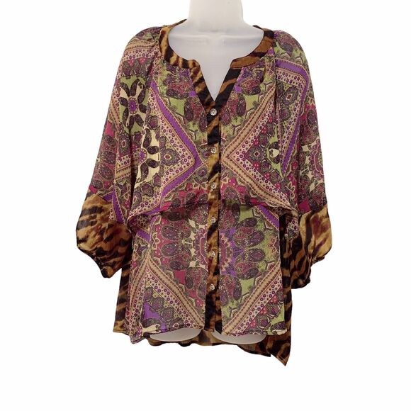 Fig and Flowers Womens Size 1X 3/4 Sleeve Sheer Overlay  Button Front Top - Picture 1 of 10